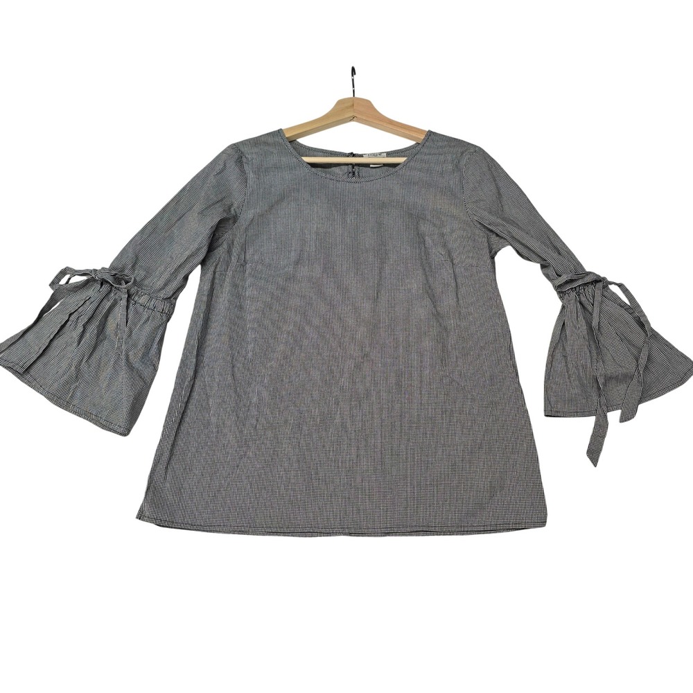 J.Crew Womens Gingham Bell Sleeve Tie Blouse‎ Black White Check Top Size S